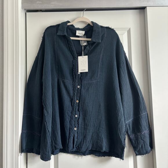 NWT Andree by Unit Gauzy Long Sleeve Top M Gauzy Blue Oversized Relaxed Beachy - Picture 1 of 13